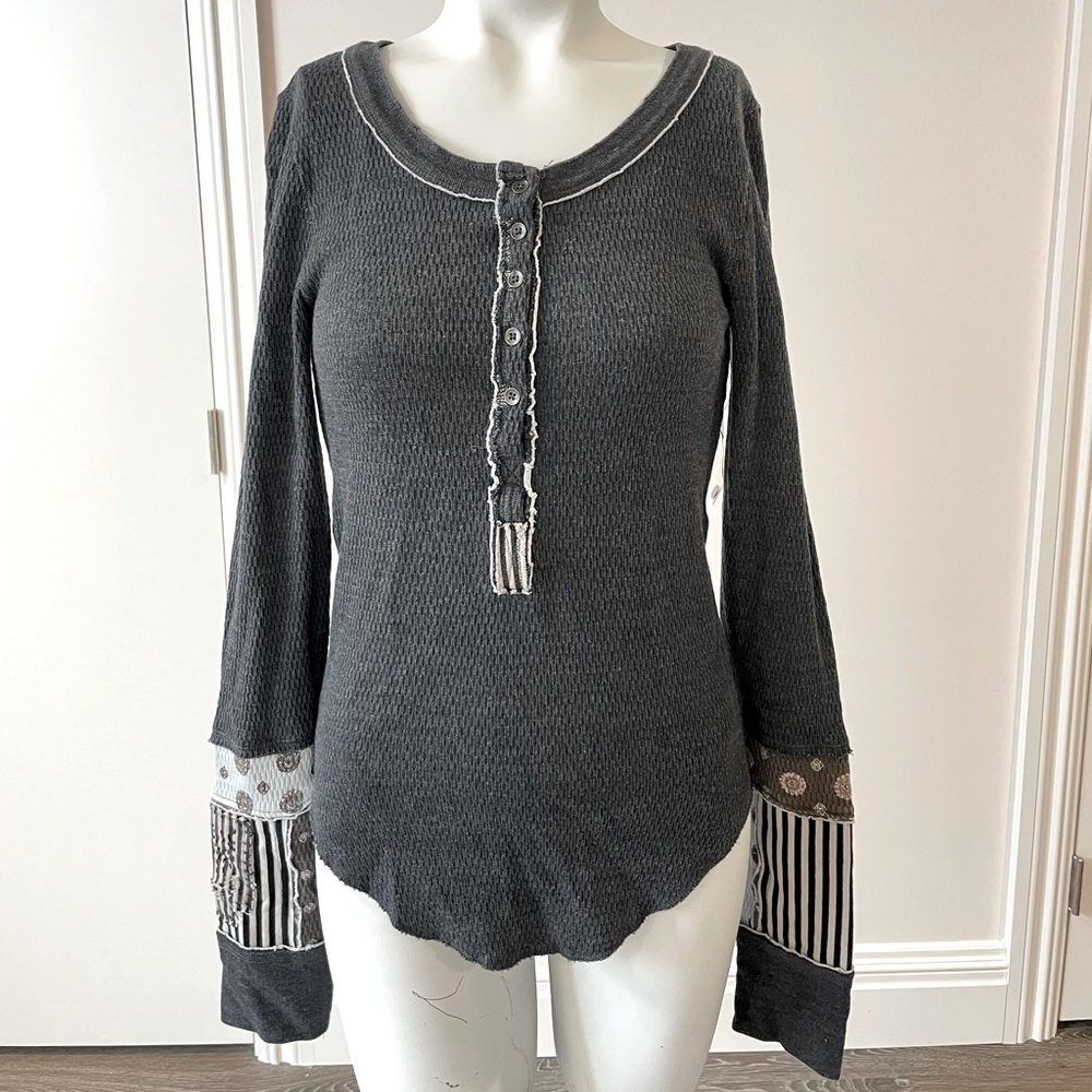 Free people size medium charcoal thermal Henley with patterned sleeve detail